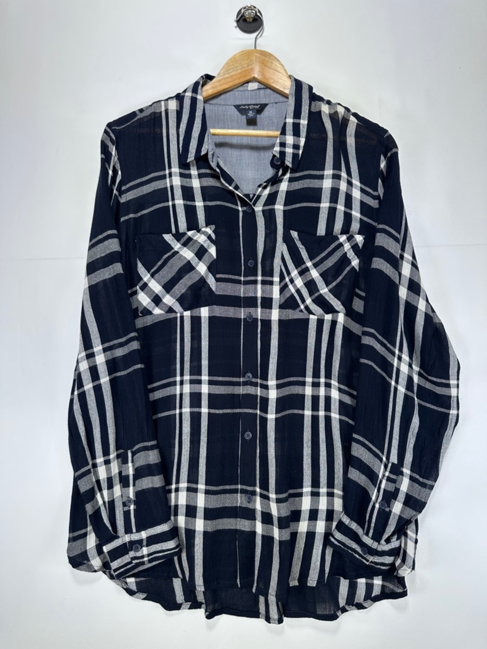Lucky Brand Plaid Button Down Shirt Sheer Viscose Western Grunge Navy Size XL
